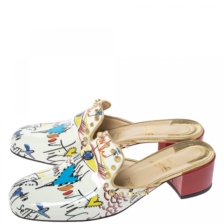 Pre Owned Christian Louboutin White Printed Patent Leather Spiky Sun 35 Mules Size 41