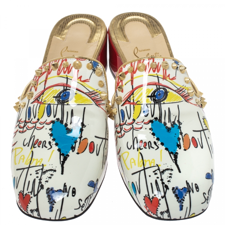 Pre Owned Christian Louboutin White Printed Patent Leather Spiky Sun 35 Mules Size 41