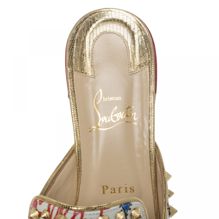 Pre Owned Christian Louboutin White Printed Patent Leather Spiky Sun 35 Mules Size 41