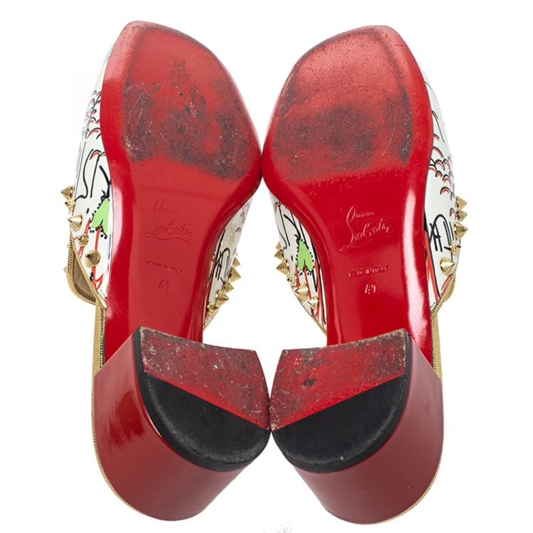 Pre Owned Christian Louboutin White Printed Patent Leather Spiky Sun 35 Mules Size 41