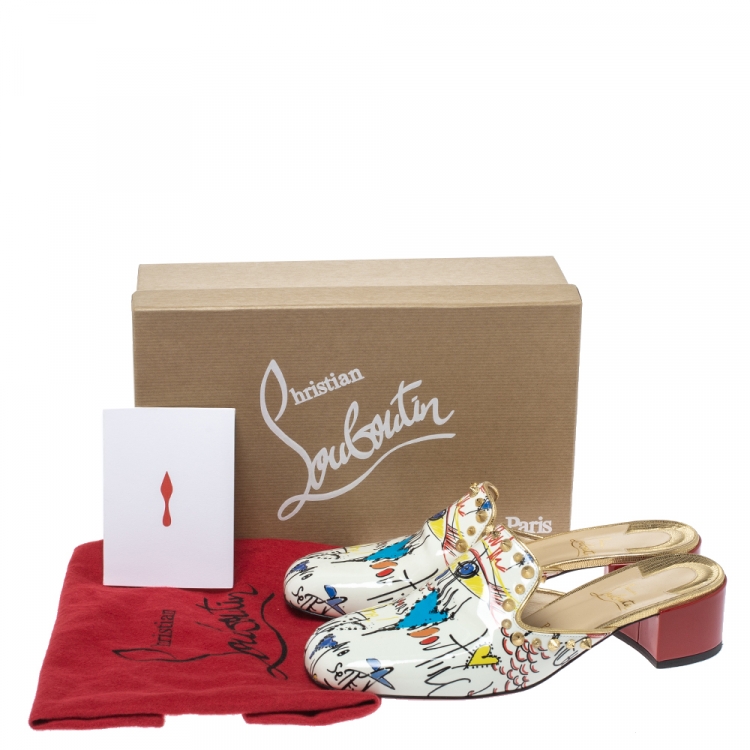 Pre Owned Christian Louboutin White Printed Patent Leather Spiky Sun 35 Mules Size 41