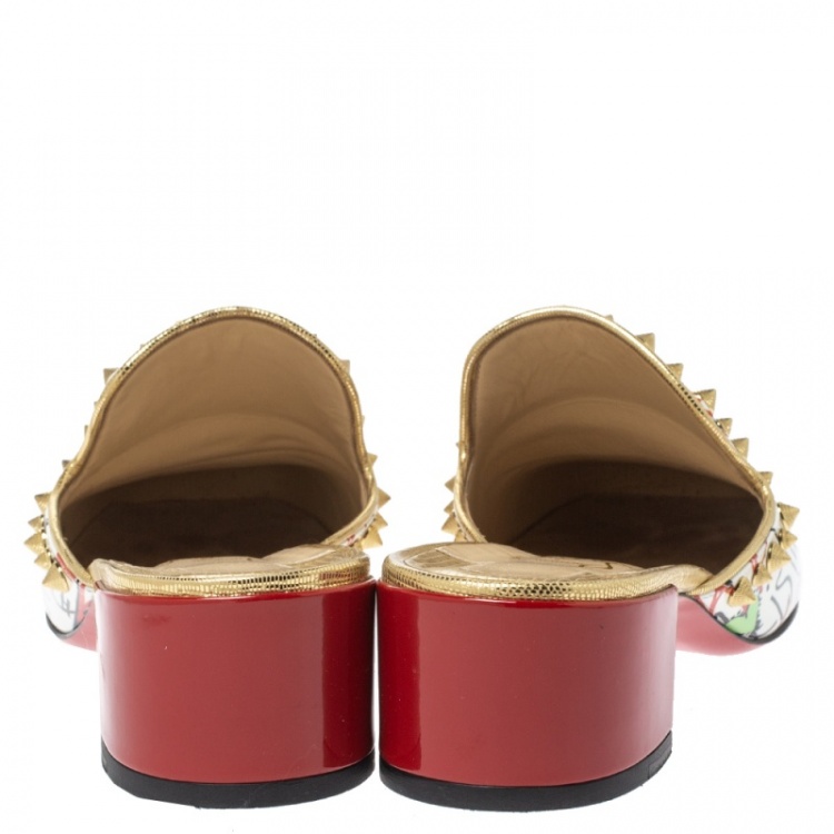 Pre Owned Christian Louboutin White Printed Patent Leather Spiky Sun 35 Mules Size 41