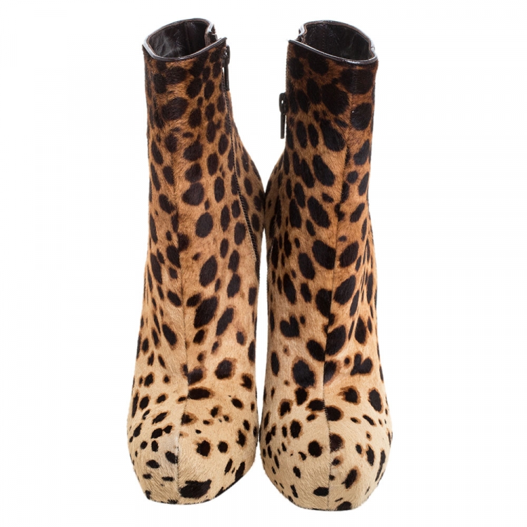 Pre Owned Christian Louboutin Brown Leopard Print Calfhair Bianca Platform Ankle Boots Size 40