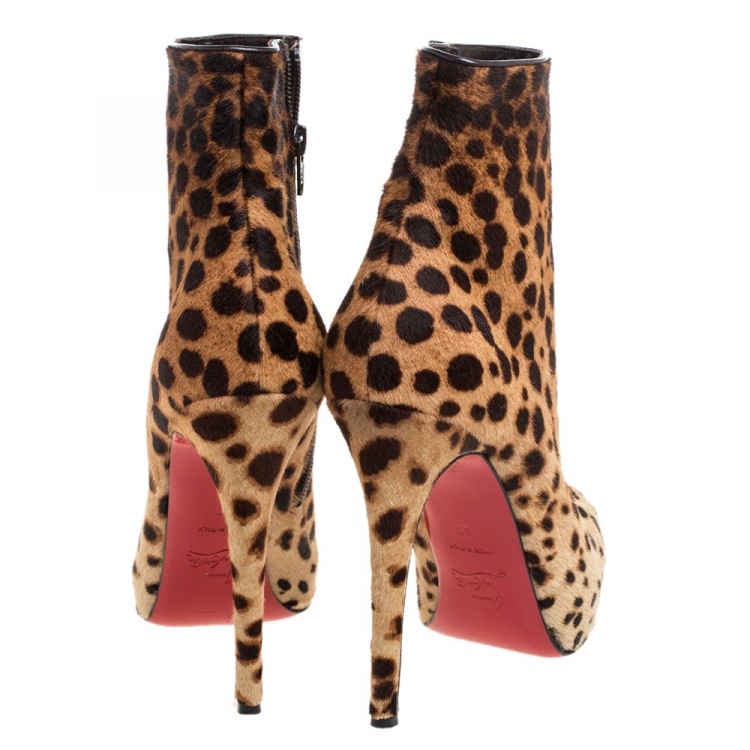 Pre Owned Christian Louboutin Brown Leopard Print Calfhair Bianca Platform Ankle Boots Size 40