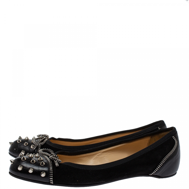 Pre Owned Christian Louboutin Black Leather Spiked Zipper Ballet Flats Size 37