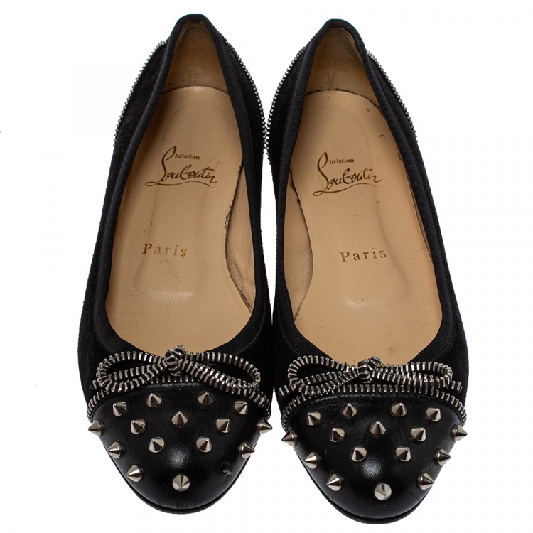 Pre Owned Christian Louboutin Black Leather Spiked Zipper Ballet Flats Size 37