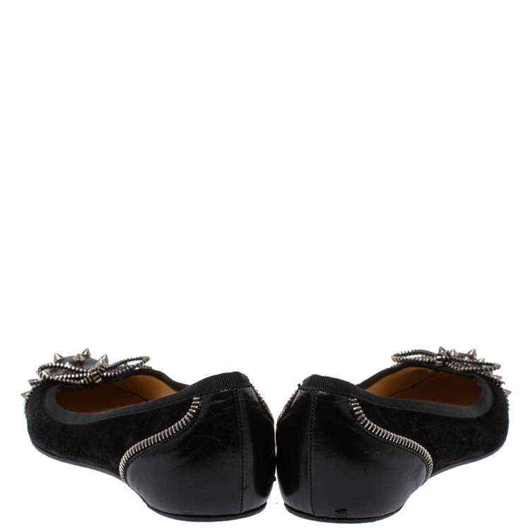 Pre Owned Christian Louboutin Black Leather Spiked Zipper Ballet Flats Size 37