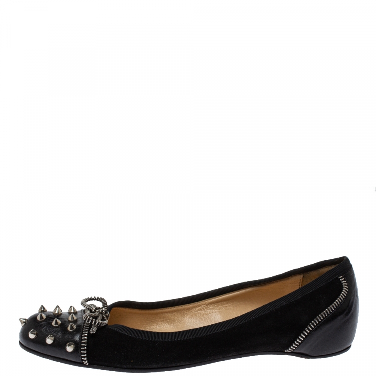 Pre Owned Christian Louboutin Black Leather Spiked Zipper Ballet Flats Size 37