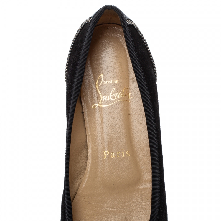 Pre Owned Christian Louboutin Black Leather Spiked Zipper Ballet Flats Size 37