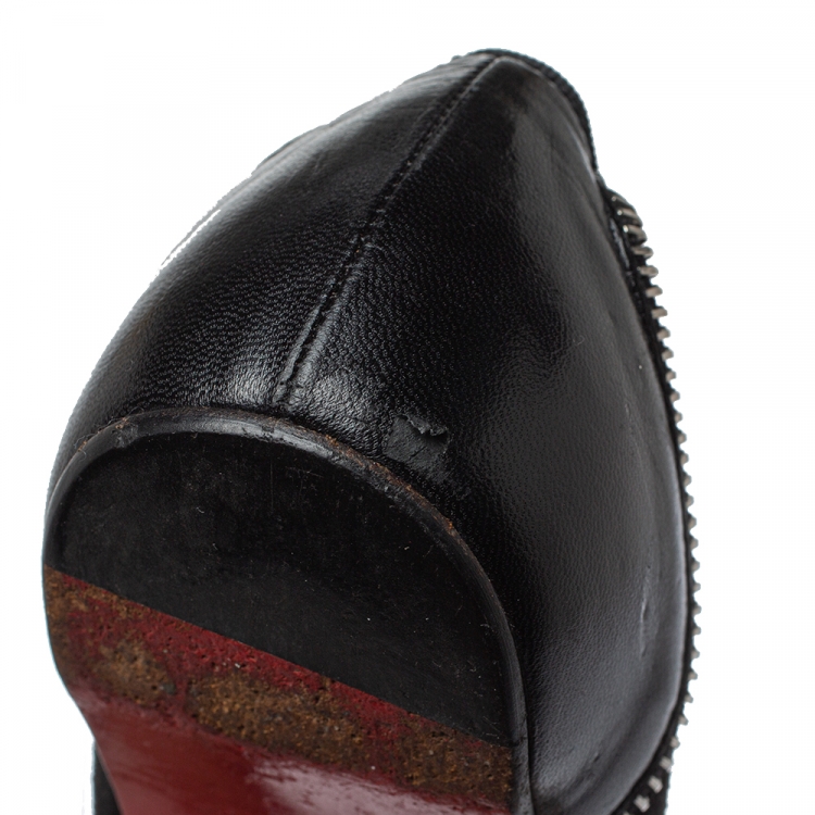 Pre Owned Christian Louboutin Black Leather Spiked Zipper Ballet Flats Size 37