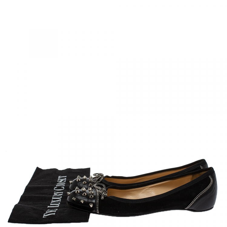 Pre Owned Christian Louboutin Black Leather Spiked Zipper Ballet Flats Size 37