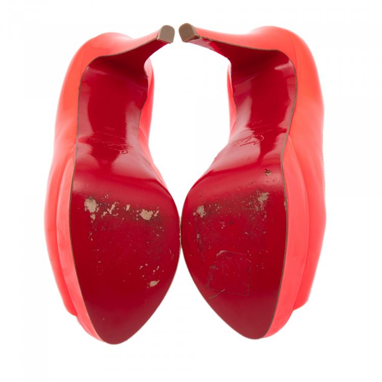 Pre Owned Christian Louboutin Bright Fluorescent Red Patent Leather Lady Peep Toe Platform Pumps Size 36