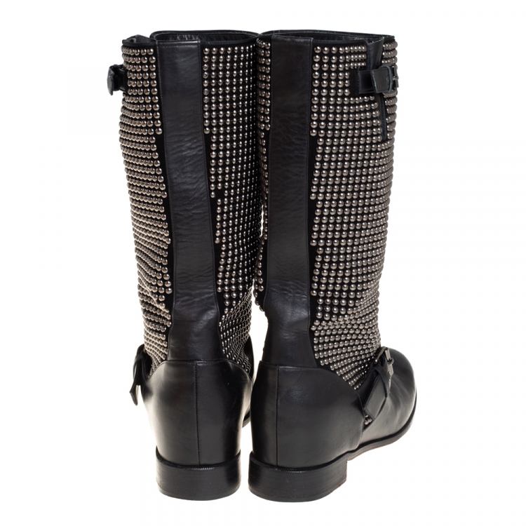 Pre Owned Christian Louboutin Black Leather And Suede Studded Akhalil Mid Calf Boots Size 39