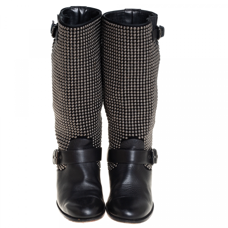 Pre Owned Christian Louboutin Black Leather And Suede Studded Akhalil Mid Calf Boots Size 39