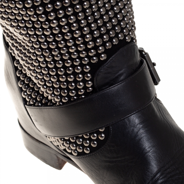 Pre Owned Christian Louboutin Black Leather And Suede Studded Akhalil Mid Calf Boots Size 39
