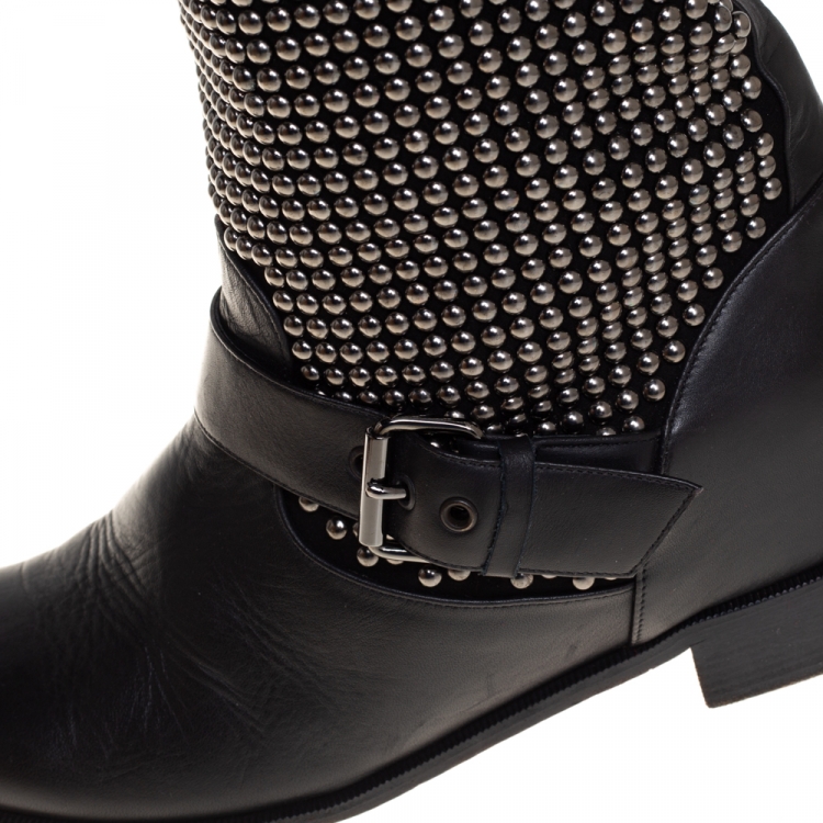 Pre Owned Christian Louboutin Black Leather And Suede Studded Akhalil Mid Calf Boots Size 39