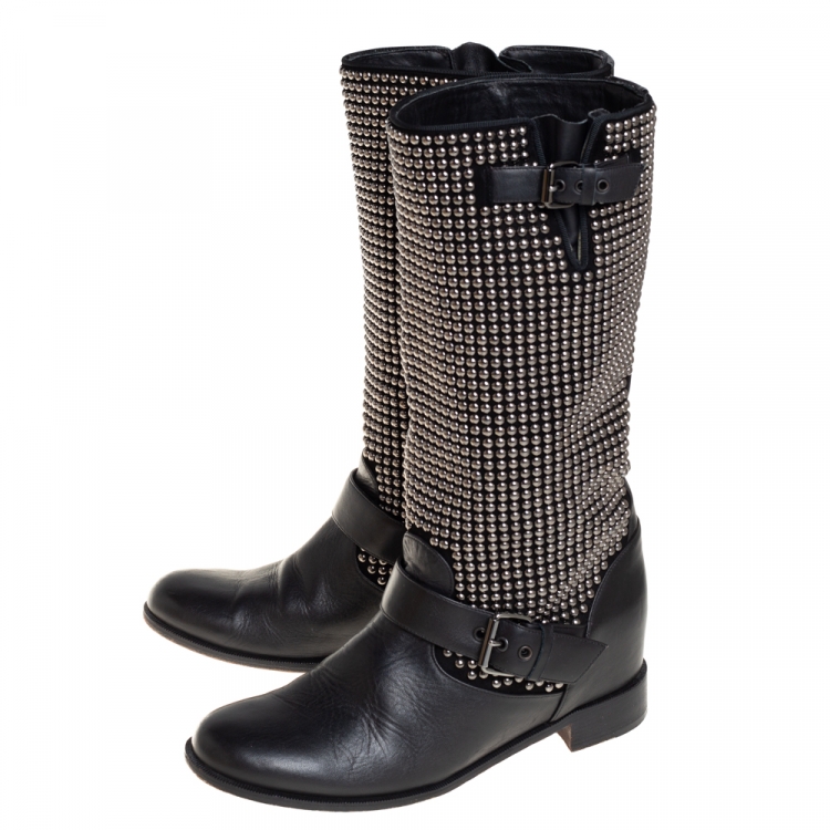 Pre Owned Christian Louboutin Black Leather And Suede Studded Akhalil Mid Calf Boots Size 39