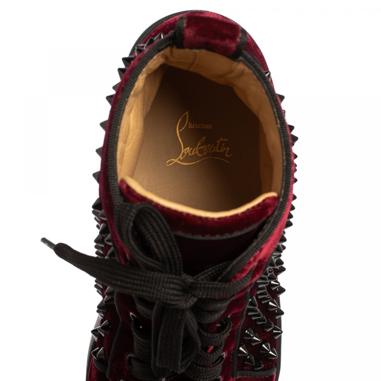 Pre Owned Christian Louboutin Burgundy Velvet Louis Spikes High Top Sneakers Size 39.5