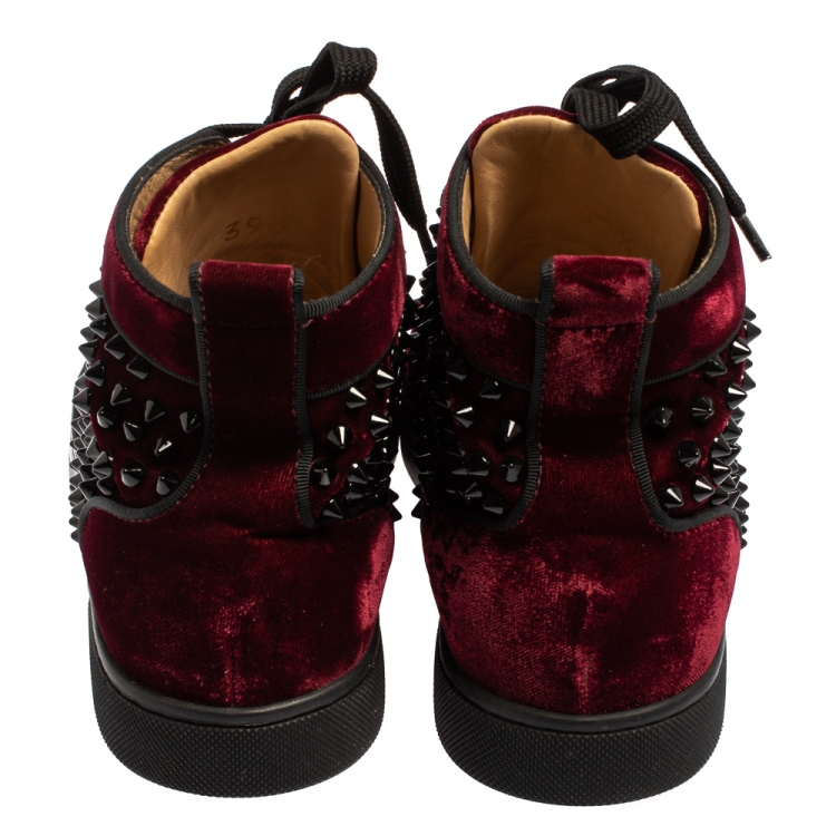 Pre Owned Christian Louboutin Burgundy Velvet Louis Spikes High Top Sneakers Size 39.5