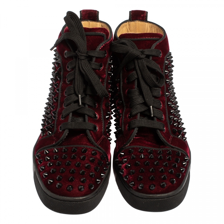 Pre Owned Christian Louboutin Burgundy Velvet Louis Spikes High Top Sneakers Size 39.5