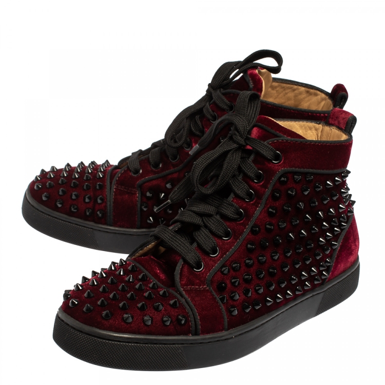 Pre Owned Christian Louboutin Burgundy Velvet Louis Spikes High Top Sneakers Size 39.5