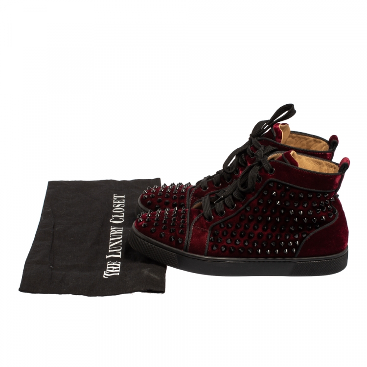 Pre Owned Christian Louboutin Burgundy Velvet Louis Spikes High Top Sneakers Size 39.5