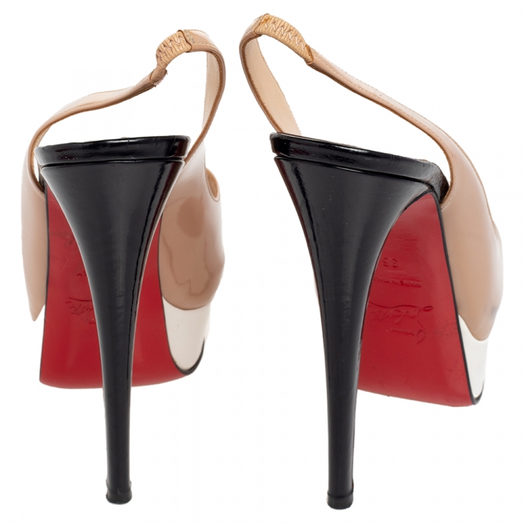 Pre Owned Christian Louboutin Beige Patent Leather Lady Peep Toe Platform Slingback Pumps Size 36