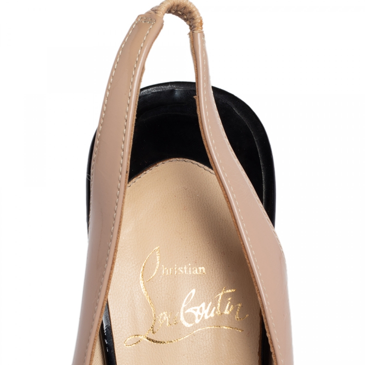 Pre Owned Christian Louboutin Beige Patent Leather Lady Peep Toe Platform Slingback Pumps Size 36