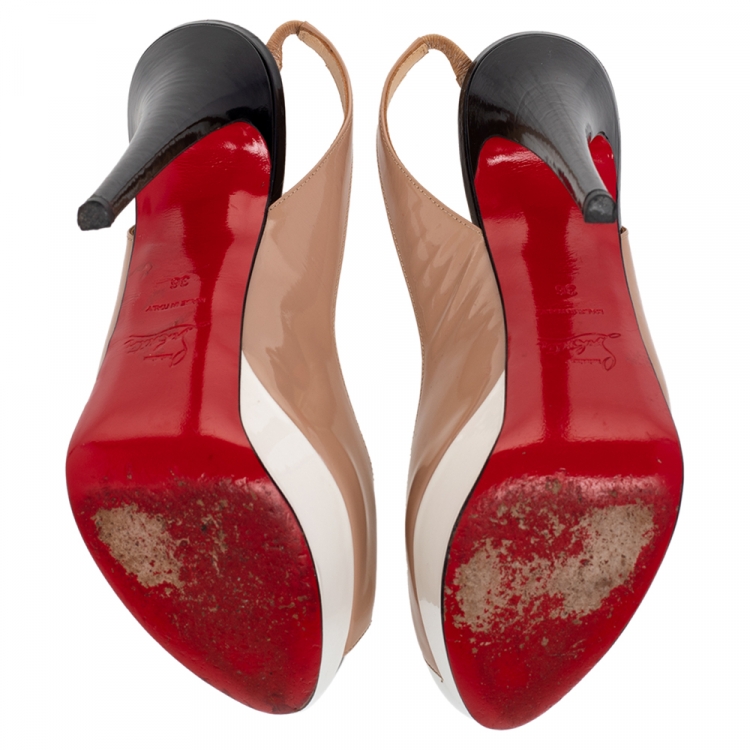 Pre Owned Christian Louboutin Beige Patent Leather Lady Peep Toe Platform Slingback Pumps Size 36