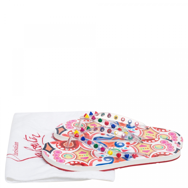 مملوكة مسبقًا Christian Louboutin Multicolor Rubber Loubi Spikes Thong Flats Size 39