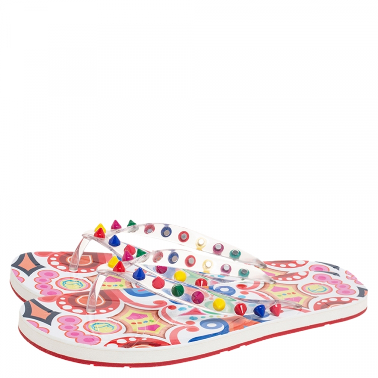 مملوكة مسبقًا Christian Louboutin Multicolor Rubber Loubi Spikes Thong Flats Size 39