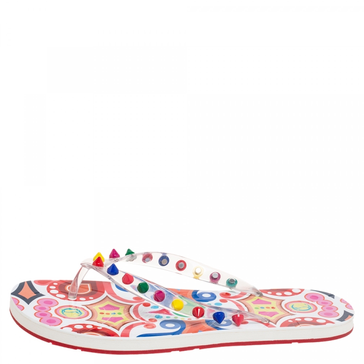 مملوكة مسبقًا Christian Louboutin Multicolor Rubber Loubi Spikes Thong Flats Size 39