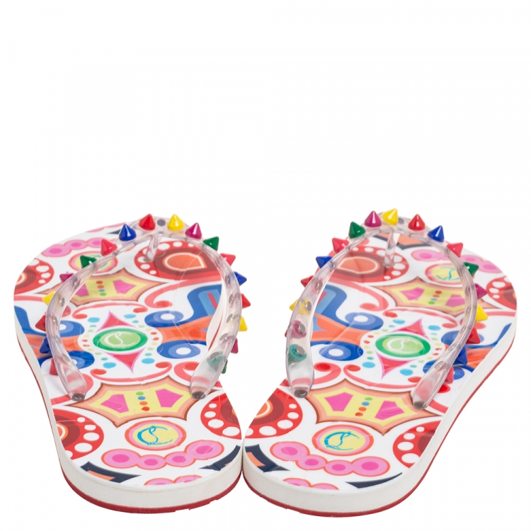 مملوكة مسبقًا Christian Louboutin Multicolor Rubber Loubi Spikes Thong Flats Size 39