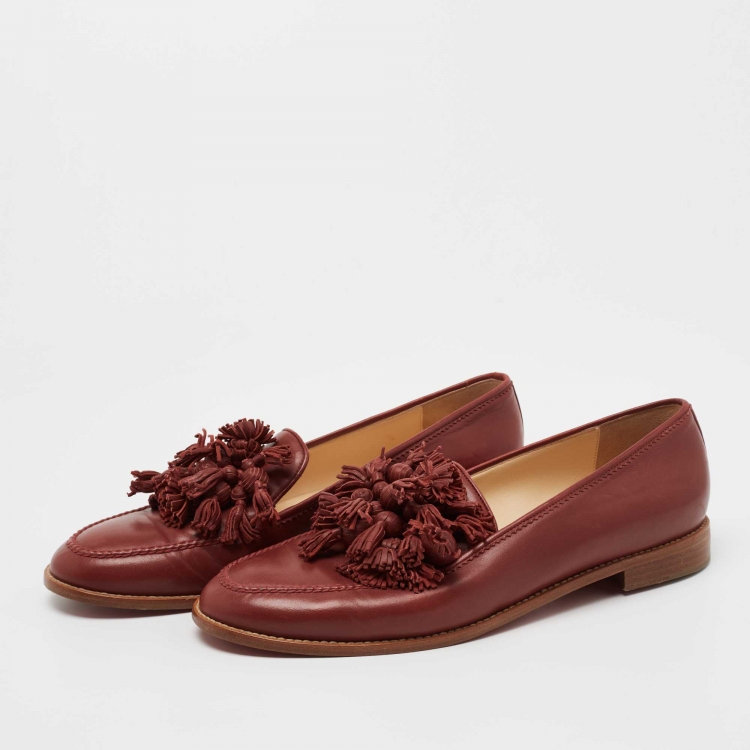 Pre Owned Christian Louboutin Red Leather Tassel Lug Loafers Size 40