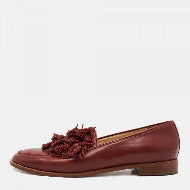 Pre Owned Christian Louboutin Red Leather Tassel Lug Loafers Size 40