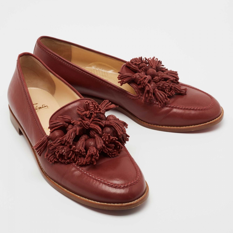 Pre Owned Christian Louboutin Red Leather Tassel Lug Loafers Size 40