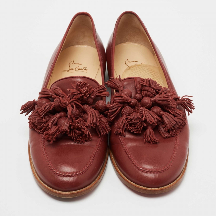 Pre Owned Christian Louboutin Red Leather Tassel Lug Loafers Size 40