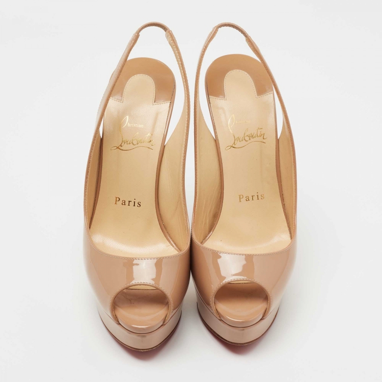 Pre Owned Christian Louboutin Beige Patent Leather Lady Peep Toe Slingback Pumps Size 37.5
