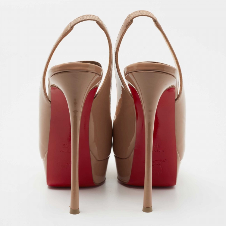 Pre Owned Christian Louboutin Beige Patent Leather Lady Peep Toe Slingback Pumps Size 37.5