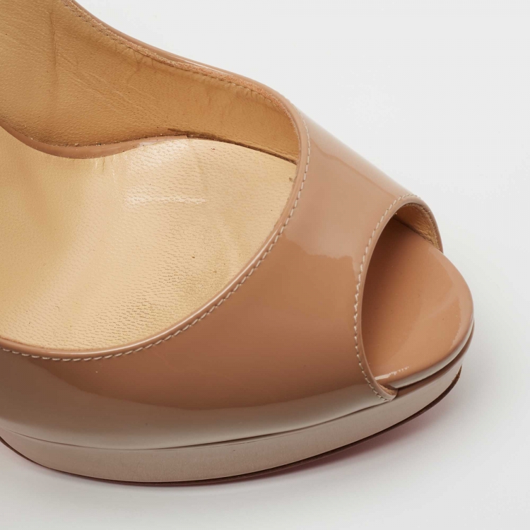 Pre Owned Christian Louboutin Beige Patent Leather Lady Peep Toe Slingback Pumps Size 37.5