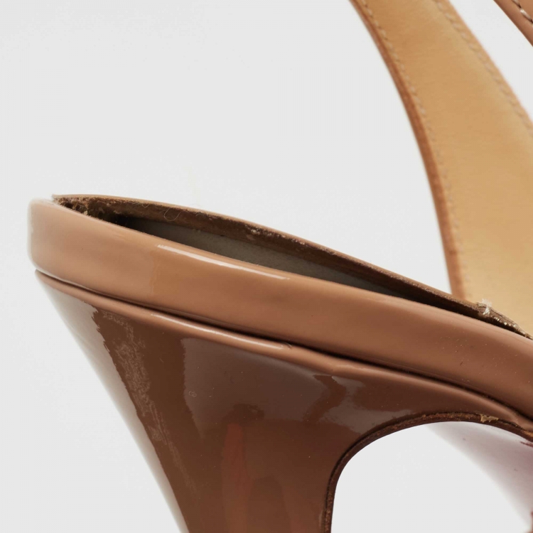 Pre Owned Christian Louboutin Beige Patent Leather Lady Peep Toe Slingback Pumps Size 37.5