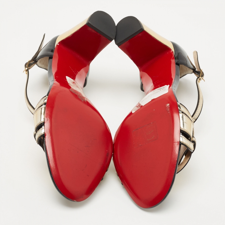 Pre Owned Christian Louboutin Gold/Black Patent and Leather Block Heel Ankle Strap Sandals Size 40