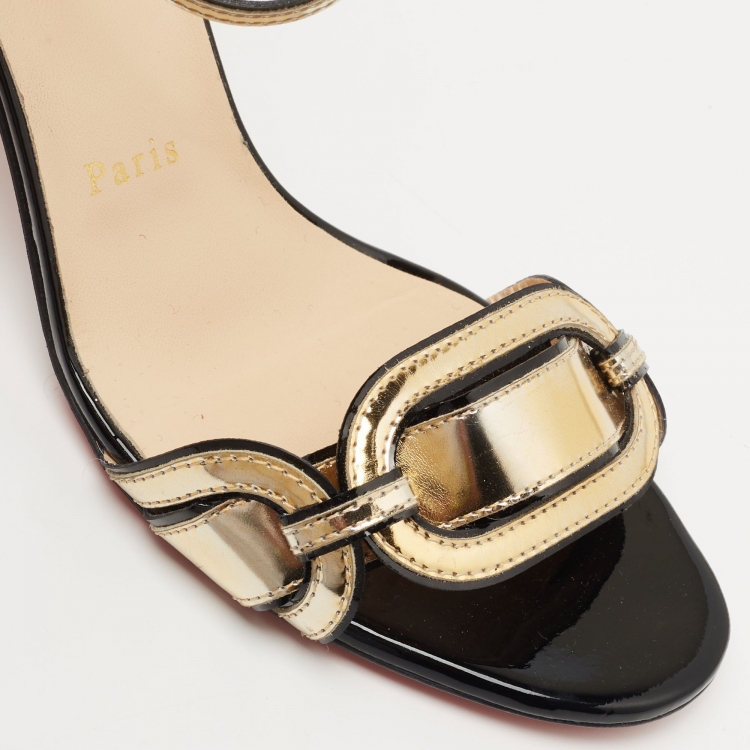 Pre Owned Christian Louboutin Gold/Black Patent and Leather Block Heel Ankle Strap Sandals Size 40