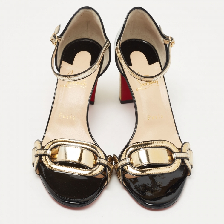 Pre Owned Christian Louboutin Gold/Black Patent and Leather Block Heel Ankle Strap Sandals Size 40