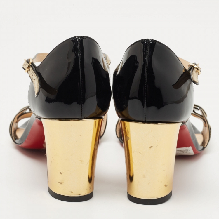 Pre Owned Christian Louboutin Gold/Black Patent and Leather Block Heel Ankle Strap Sandals Size 40