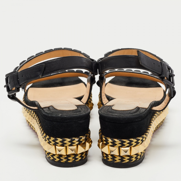 Pre Owned Christian Louboutin Black Leather Pira Ryad 60 Studded Ankle Strap Sandals Size 38
