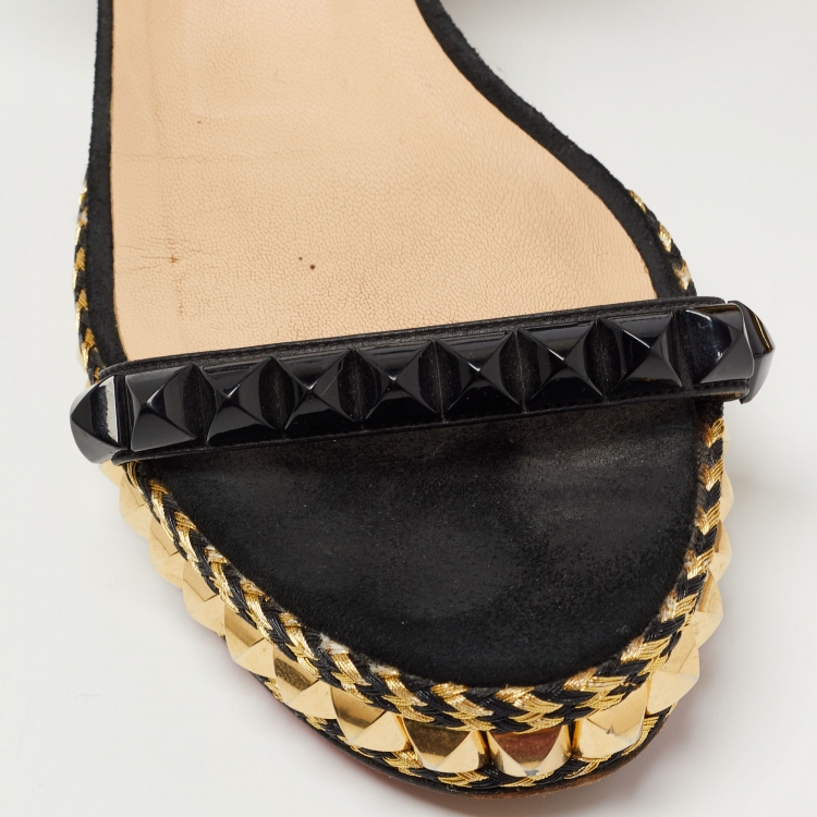 Pre Owned Christian Louboutin Black Leather Pira Ryad 60 Studded Ankle Strap Sandals Size 38