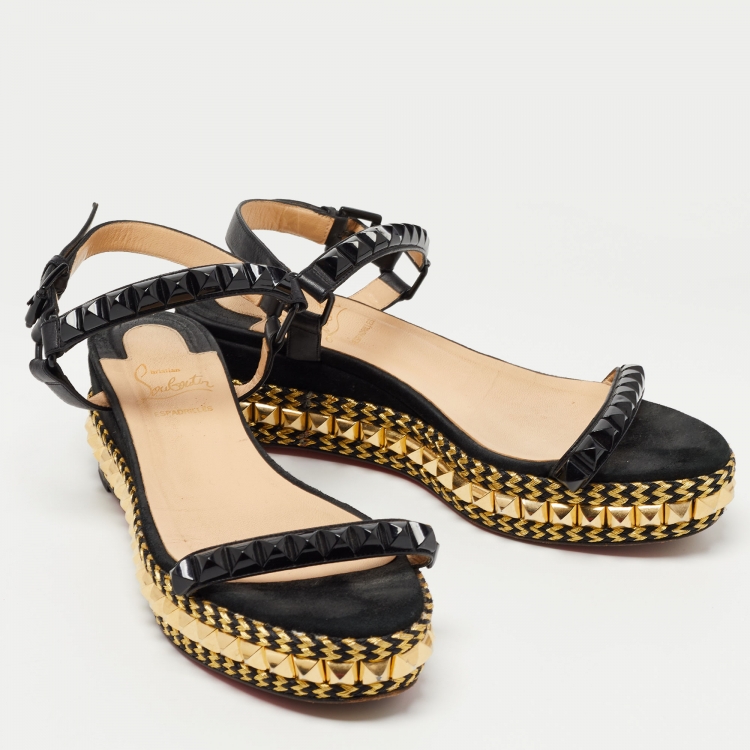 Pre Owned Christian Louboutin Black Leather Pira Ryad 60 Studded Ankle Strap Sandals Size 38