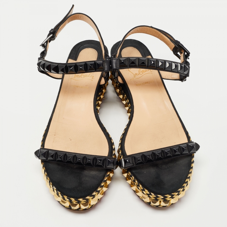 Pre Owned Christian Louboutin Black Leather Pira Ryad 60 Studded Ankle Strap Sandals Size 38
