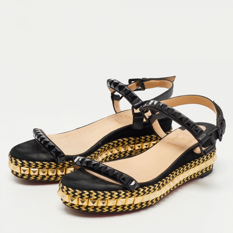 Pre Owned Christian Louboutin Black Leather Pira Ryad 60 Studded Ankle Strap Sandals Size 38